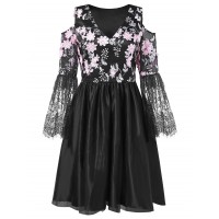 Floral Embroidered Cold Shoulder A Line Dress - Black